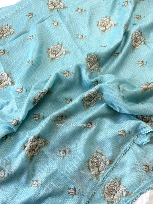 Silky Kota saree with cross stitch embroidery and lace detailed borders|Ice Blue|SL8