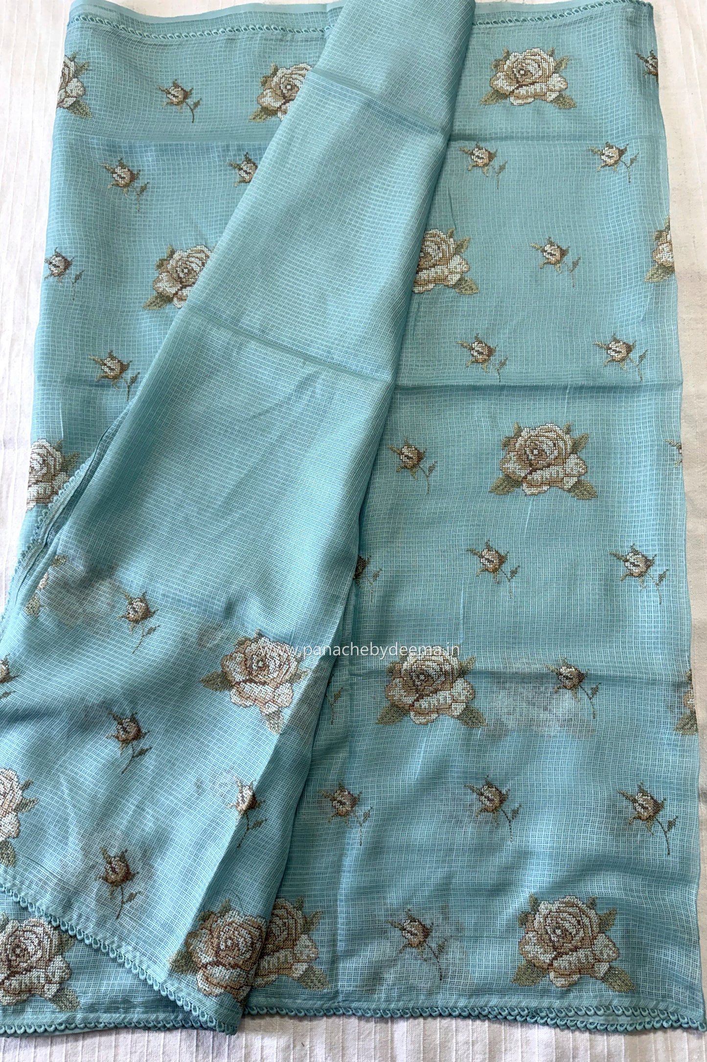 Silky Kota saree with cross stitch embroidery and lace detailed borders|Ice Blue|SL8