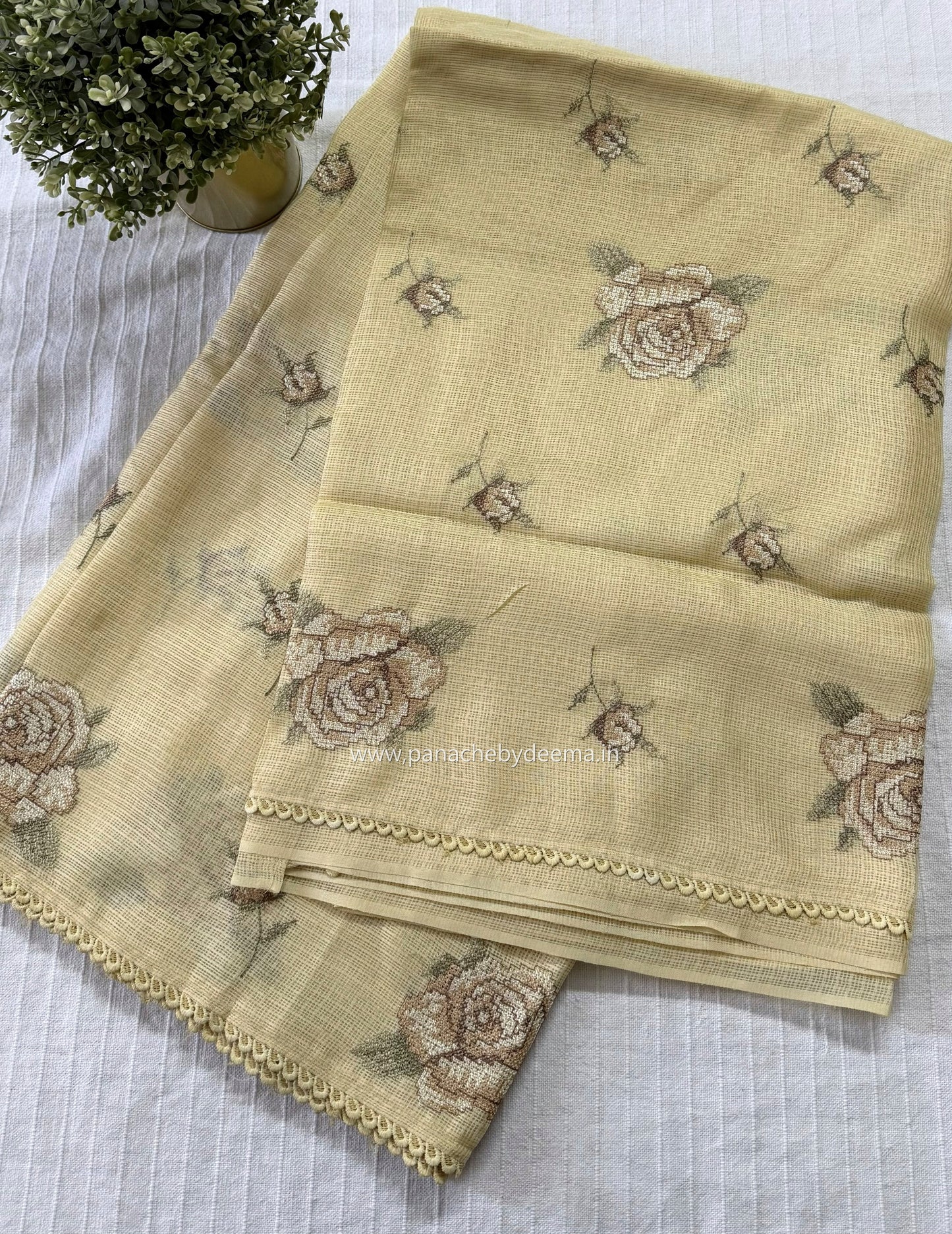 Silky Kota saree with cross stitch embroidery and lace detailed borders|yellow|SL10