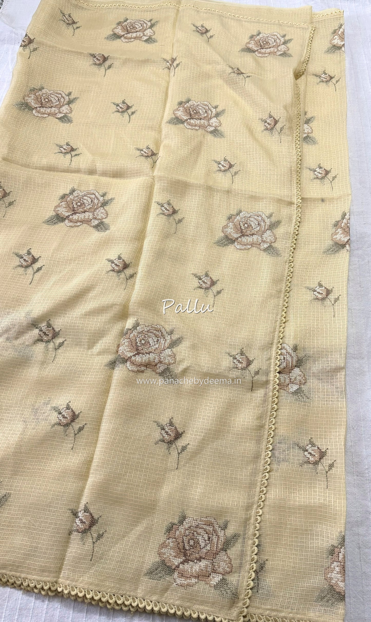 Silky Kota saree with cross stitch embroidery and lace detailed borders|yellow|SL10