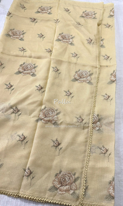 Silky Kota saree with cross stitch embroidery and lace detailed borders|yellow|SL10