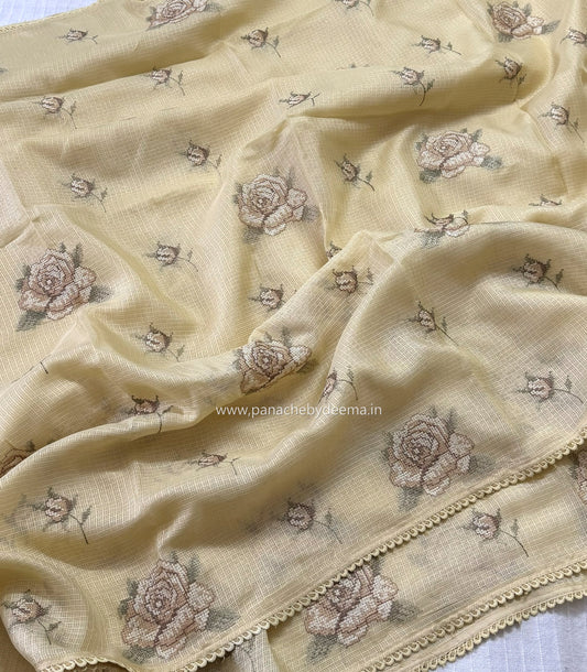 Silky Kota saree with cross stitch embroidery and lace detailed borders|yellow|SL10