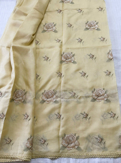 Silky Kota saree with cross stitch embroidery and lace detailed borders|yellow|SL10