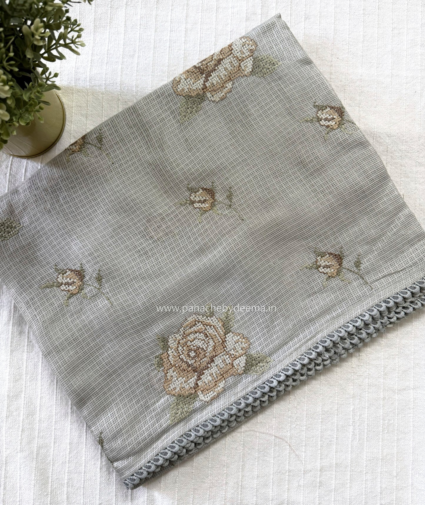 Silky Kota saree with cross stitch embroidery and lace detailed borders|Grey|SL9