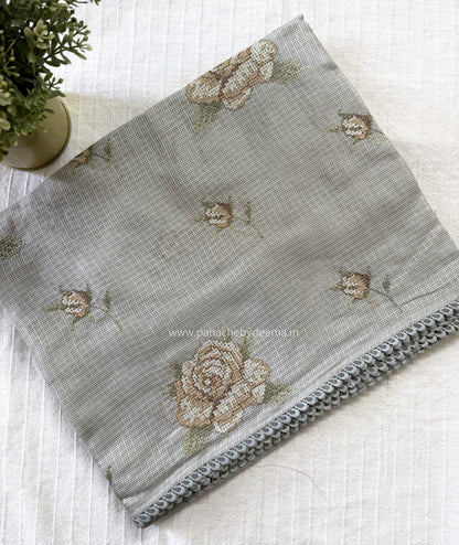 Silky Kota saree with cross stitch embroidery and lace detailed borders|Grey|SL9