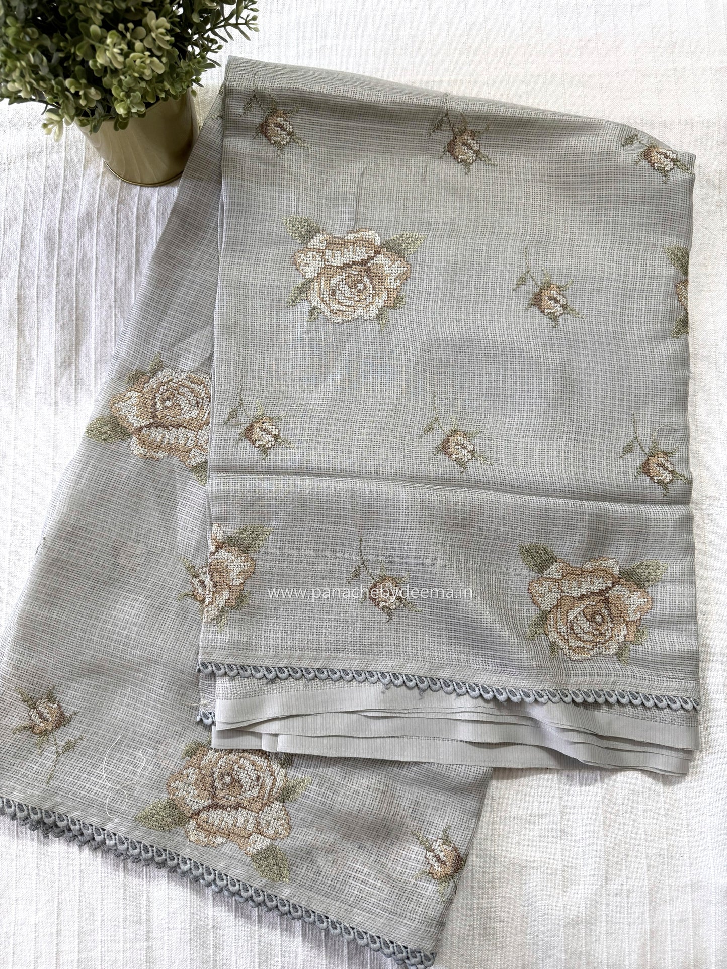Silky Kota saree with cross stitch embroidery and lace detailed borders|Grey|SL9