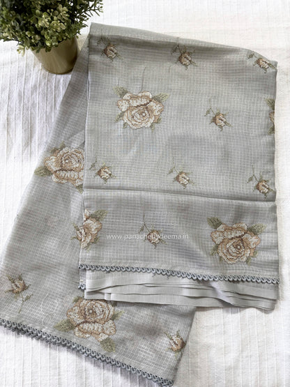 Silky Kota saree with cross stitch embroidery and lace detailed borders|Grey|SL9