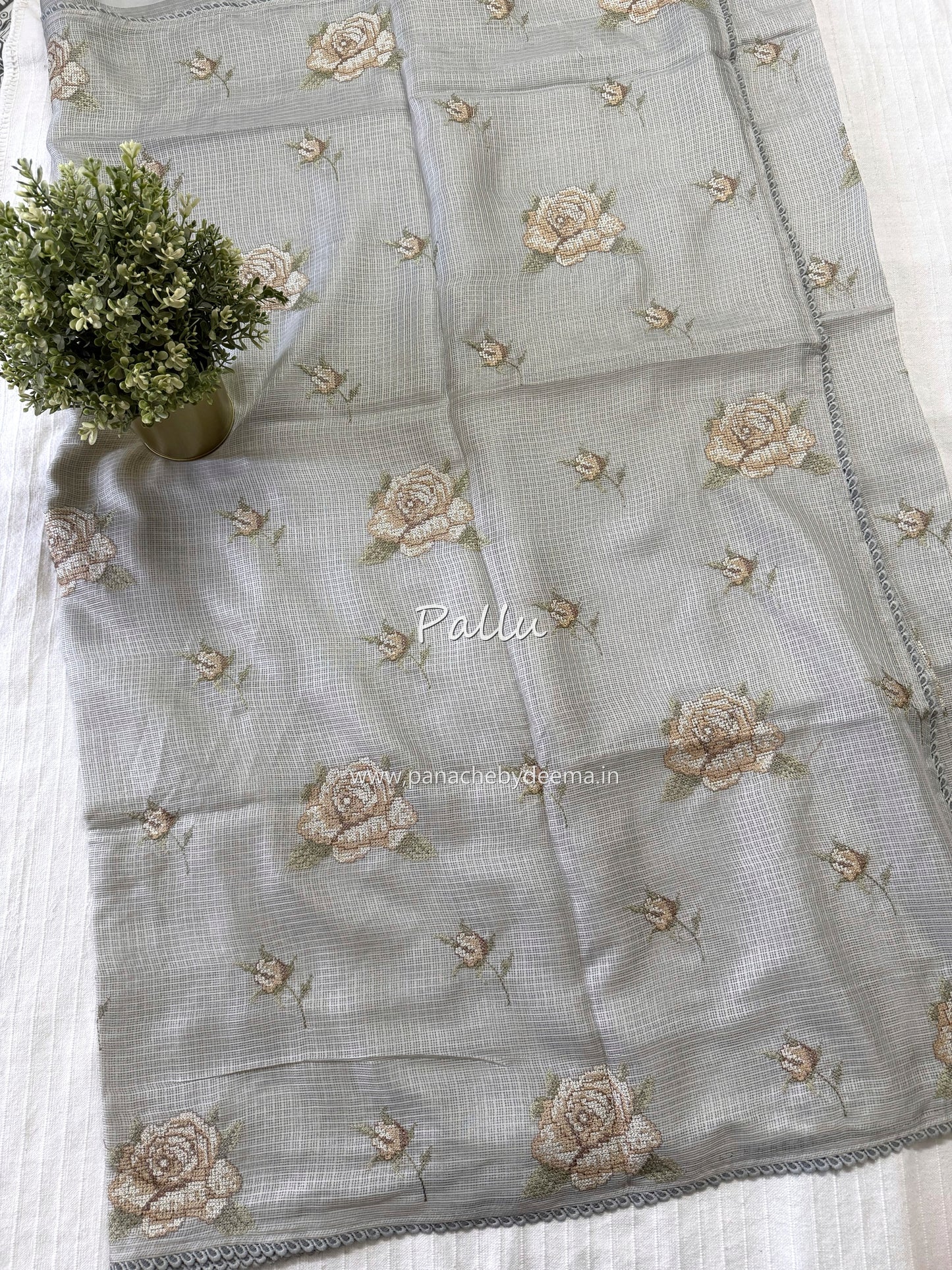 Silky Kota saree with cross stitch embroidery and lace detailed borders|Grey|SL9