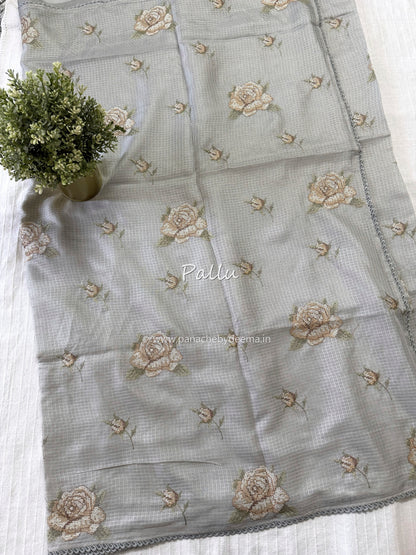 Silky Kota saree with cross stitch embroidery and lace detailed borders|Grey|SL9