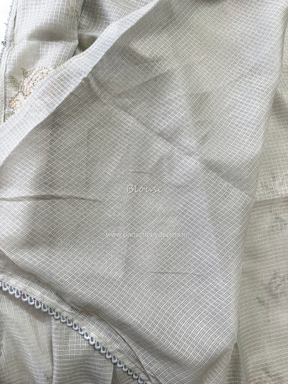 Silky Kota saree with cross stitch embroidery and lace detailed borders|Grey|SL9