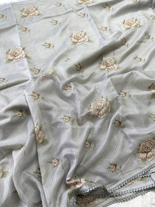 Silky Kota saree with cross stitch embroidery and lace detailed borders|Grey|SL9