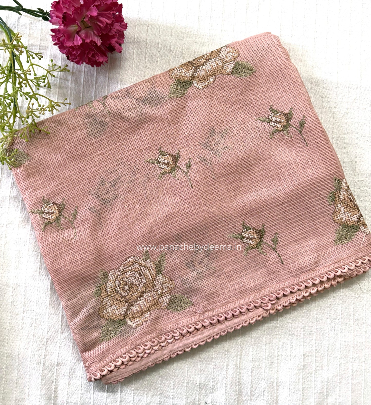 Silky Kota saree with cross stitch embroidery and lace detailed borders|Peach |SL6