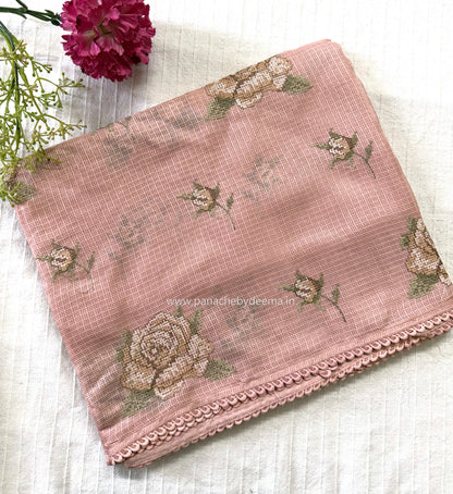Silky Kota saree with cross stitch embroidery and lace detailed borders|Peach |SL6
