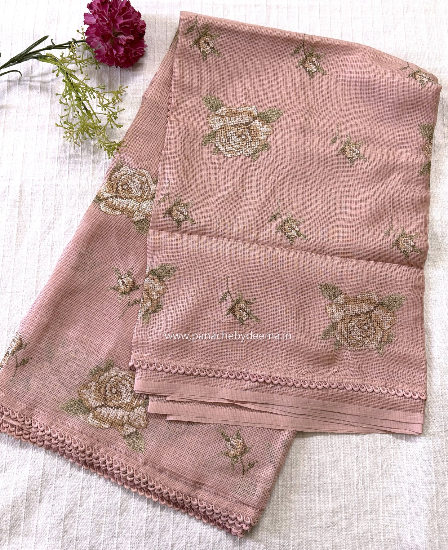 Silky Kota saree with cross stitch embroidery and lace detailed borders|Peach |SL6