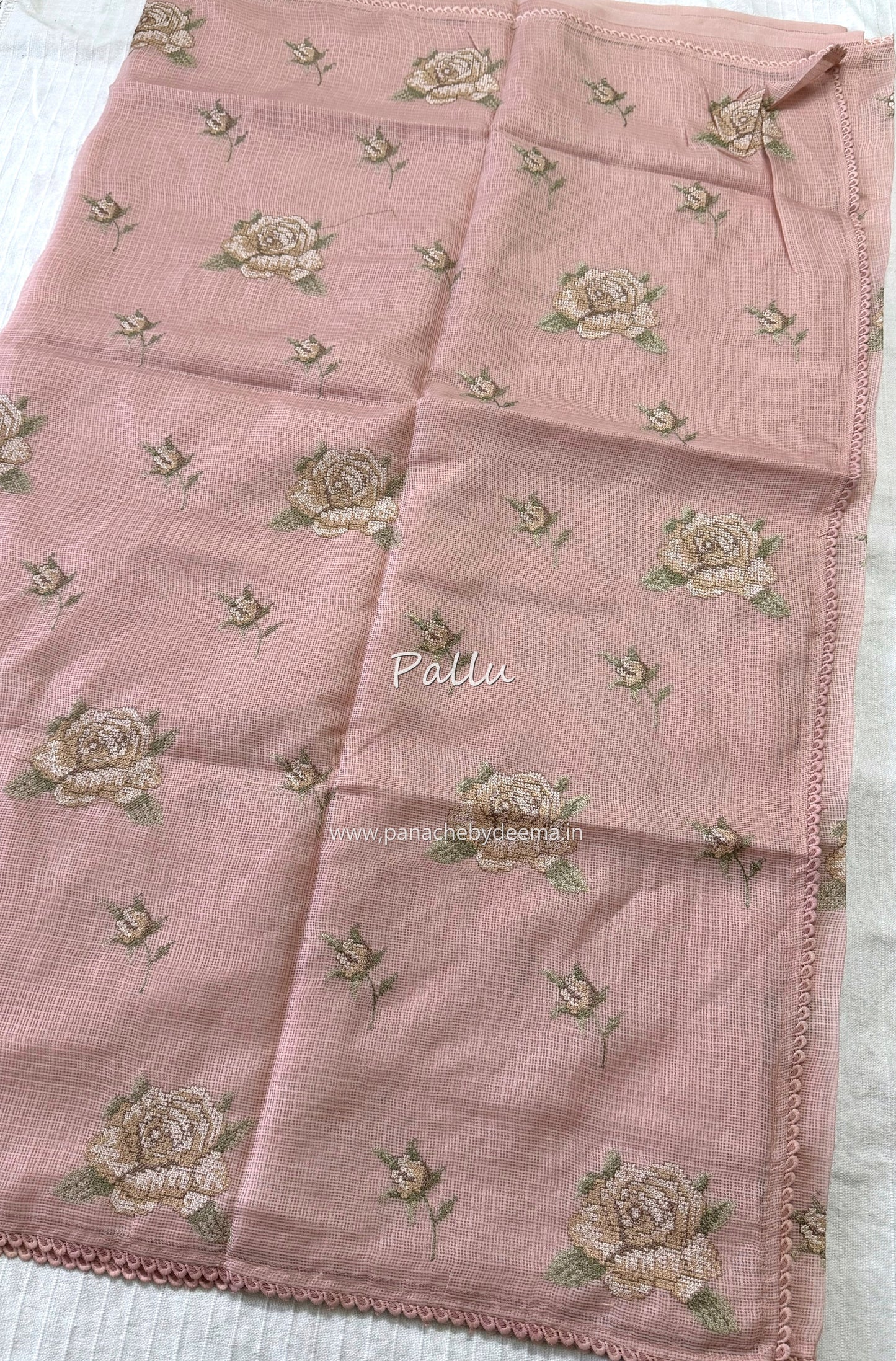 Silky Kota saree with cross stitch embroidery and lace detailed borders|Peach |SL6