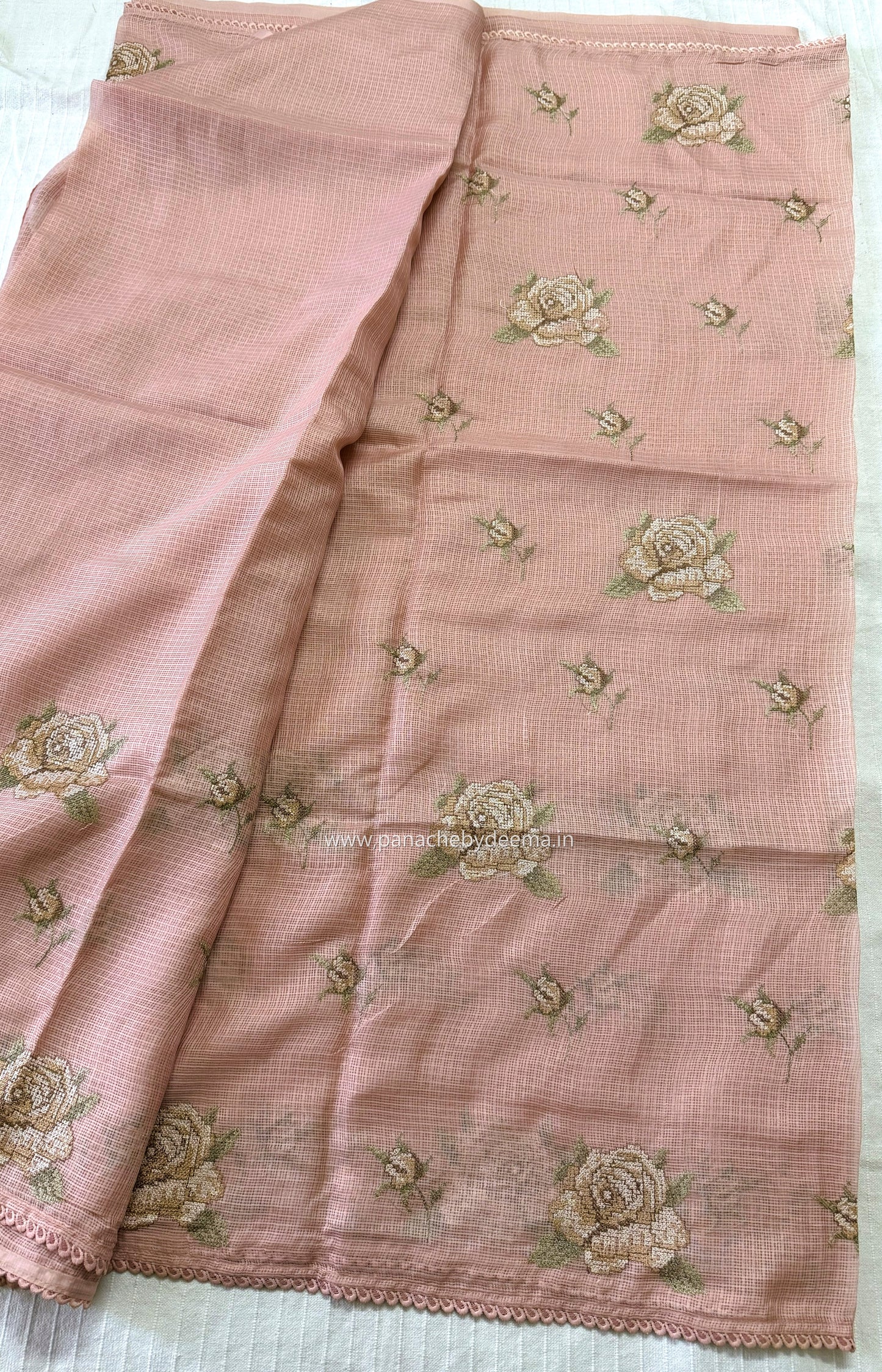 Silky Kota saree with cross stitch embroidery and lace detailed borders|Peach |SL6