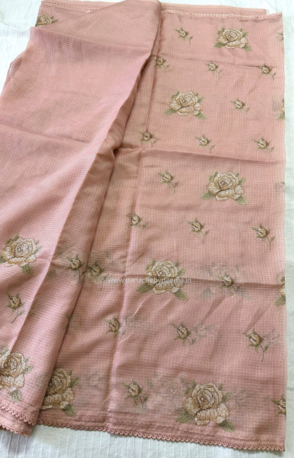 Silky Kota saree with cross stitch embroidery and lace detailed borders|Peach |SL6