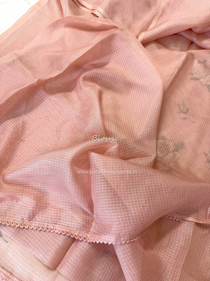 Silky Kota saree with cross stitch embroidery and lace detailed borders|Peach |SL6