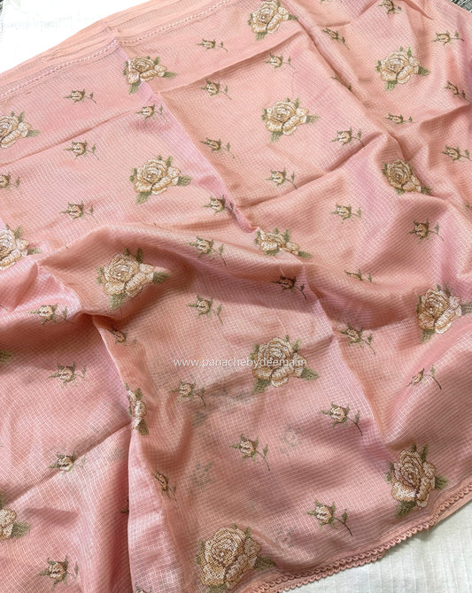 Silky Kota saree with cross stitch embroidery and lace detailed borders|Peach |SL6