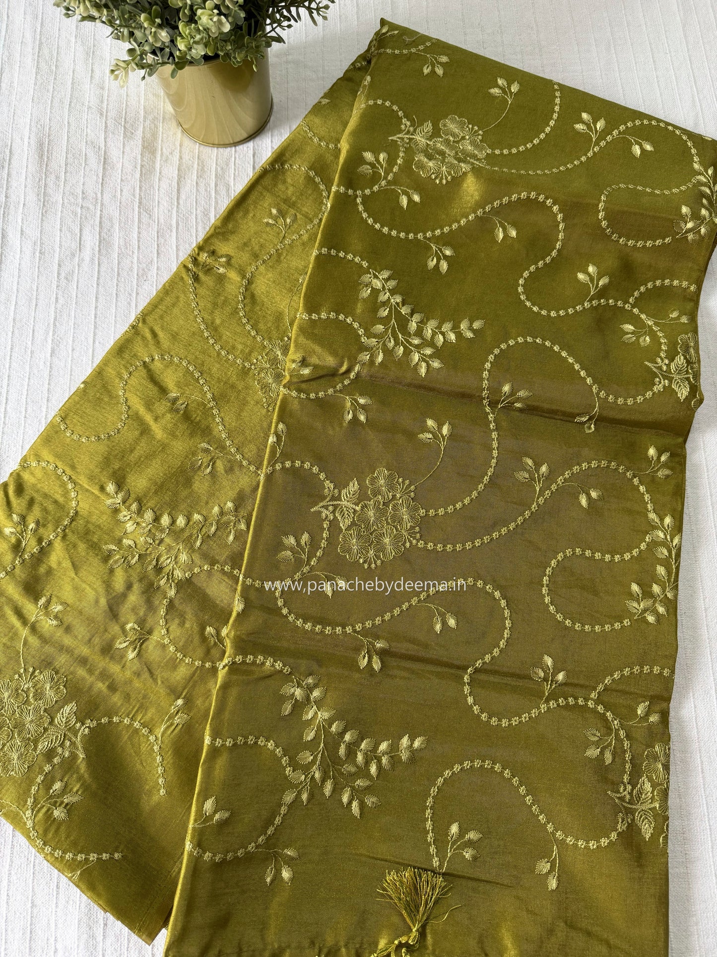Semi matka silk saree with embroidery | Yellowish green | A2