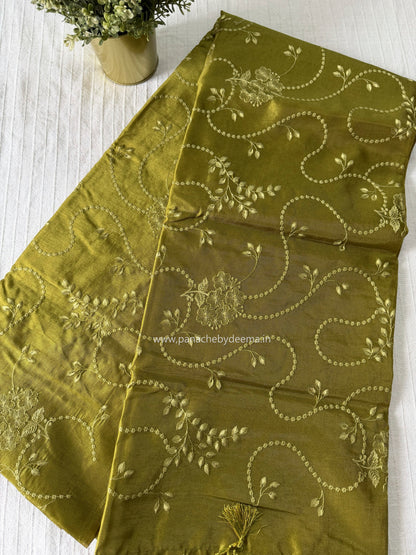 Semi matka silk saree with embroidery | Yellowish green | A2