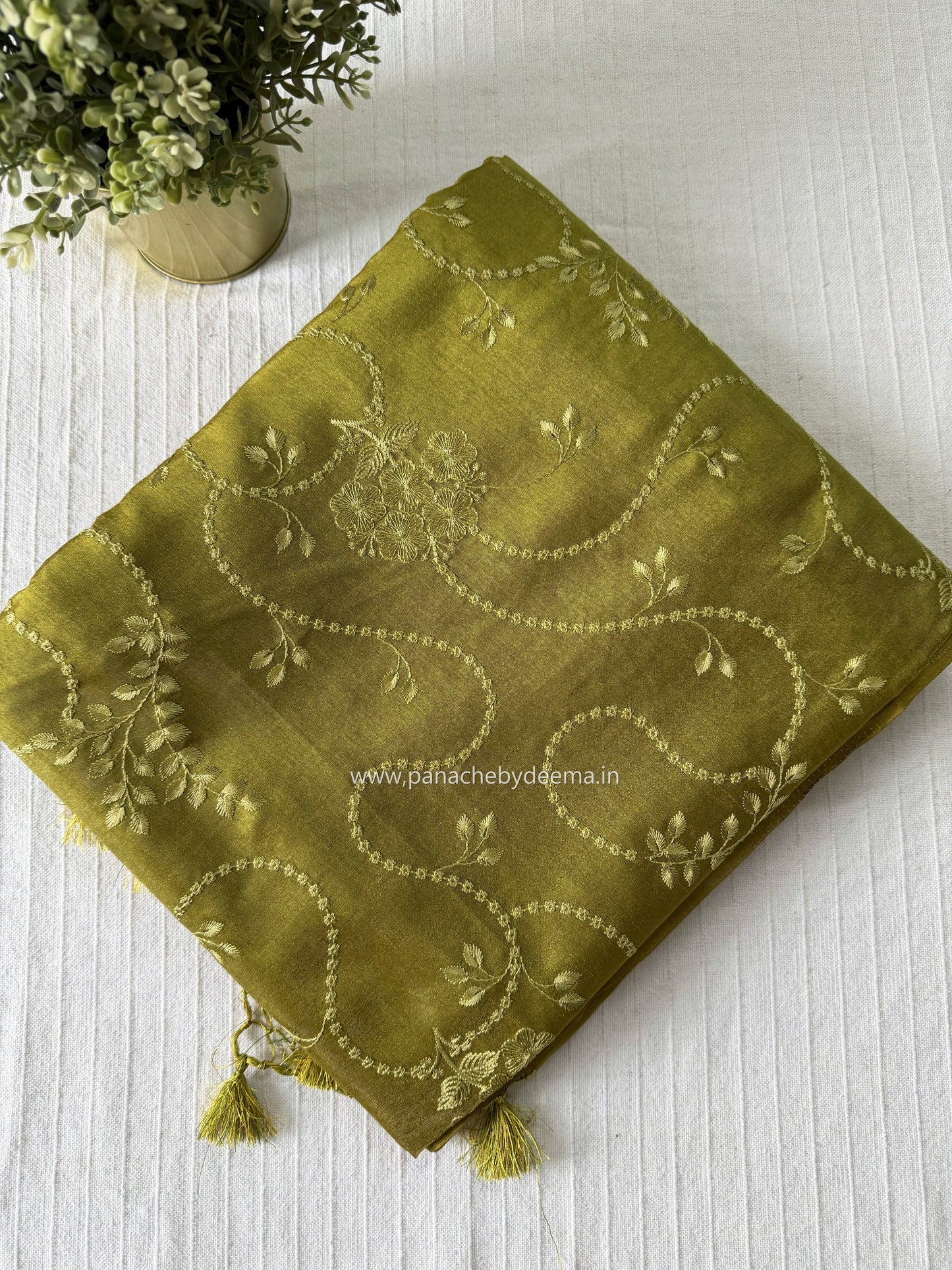 Semi matka silk saree with embroidery | Yellowish green | A2