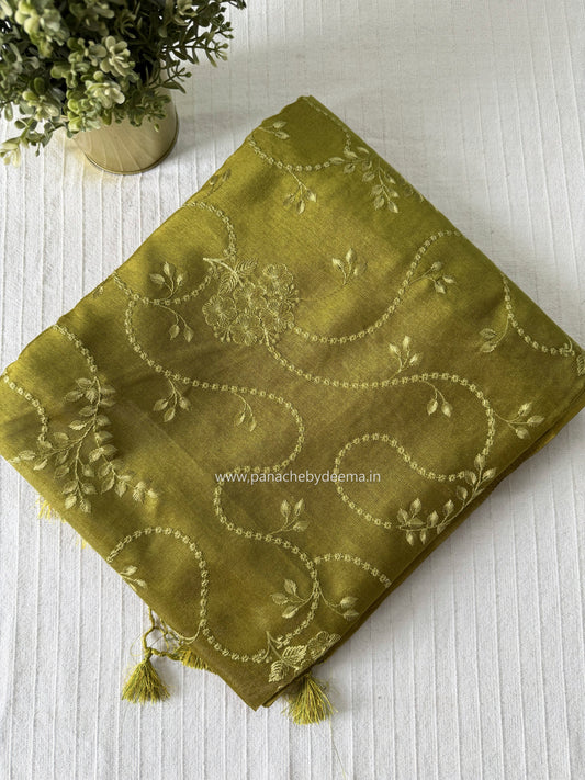 Semi matka silk saree with embroidery | Yellowish green | A2