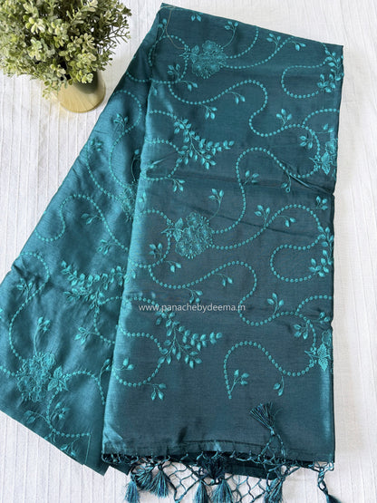 Semi matka silk saree with embroidery | Peacock green | A4
