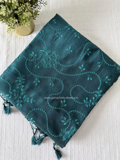 Semi matka silk saree with embroidery | Peacock green | A4