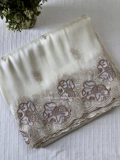 Soft chandaniya saree with embroidery and scalloped work| Milky white |AW1