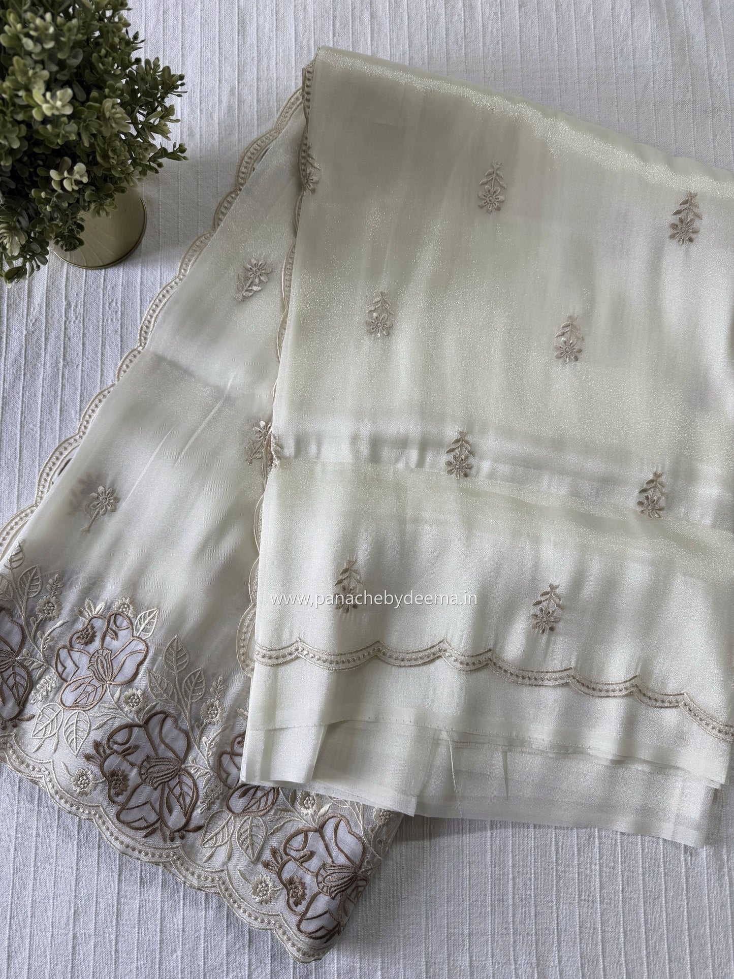 Soft chandaniya saree with embroidery and scalloped work| Milky white |AW1