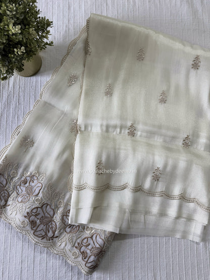 Soft chandaniya saree with embroidery and scalloped work| Milky white |AW1
