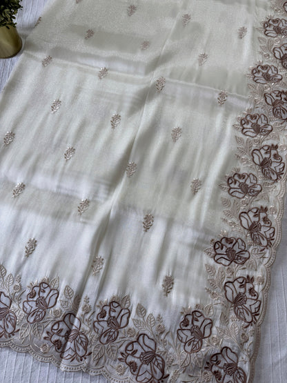 Soft chandaniya saree with embroidery and scalloped work| Milky white |AW1