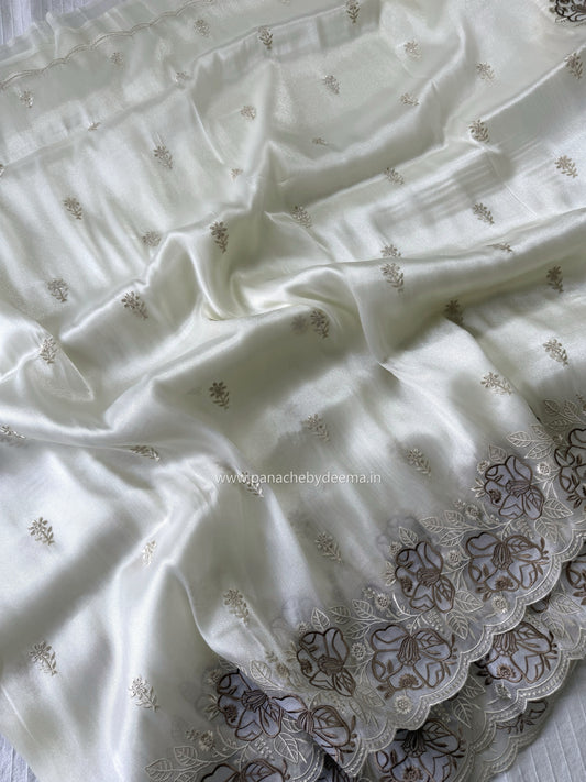 Soft chandaniya saree with embroidery and scalloped work| Milky white |AW1