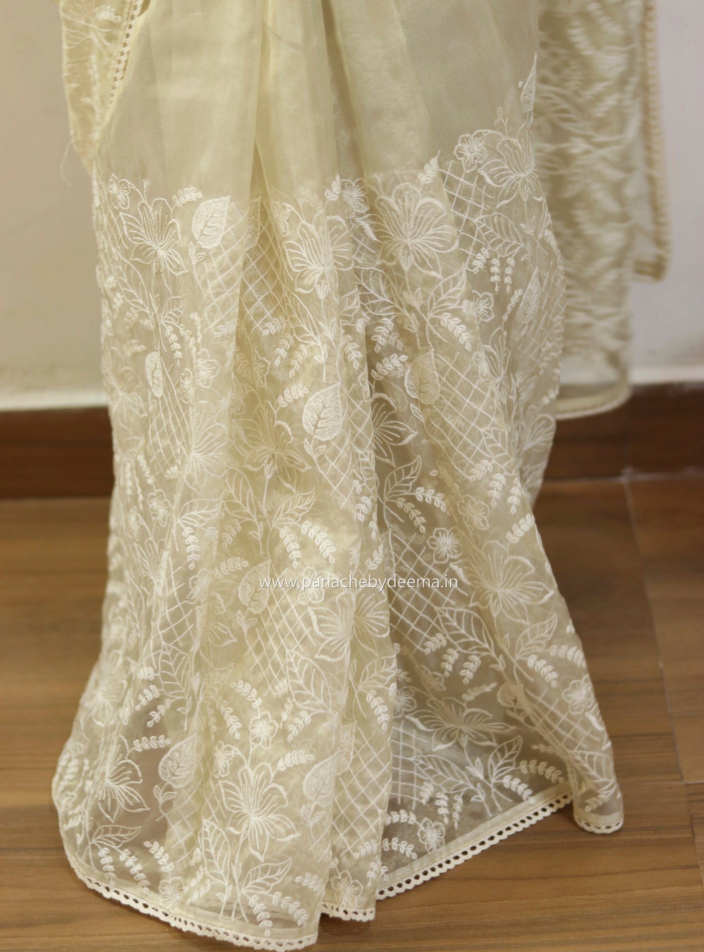 Glass tissue silk saree with full embroidery and crochet lace edges | Offwhite | S2
