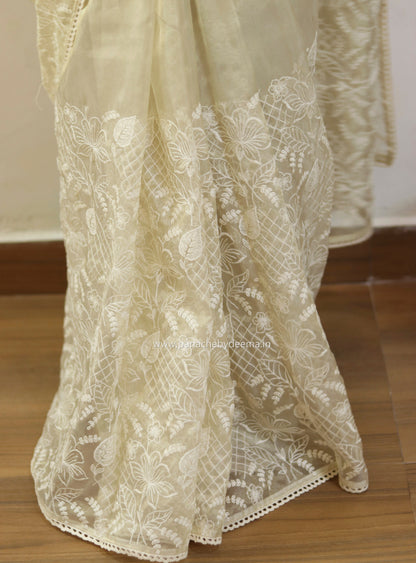 Glass tissue silk saree with full embroidery and crochet lace edges | Offwhite | S2