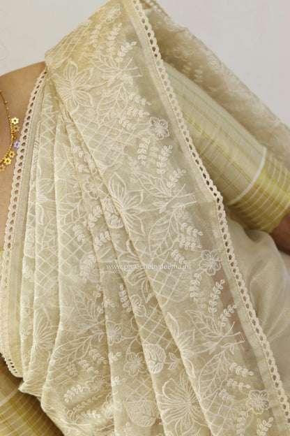 Glass tissue silk saree with full embroidery and crochet lace edges | Offwhite | S2