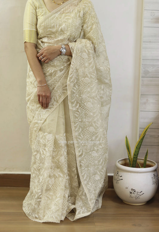 Glass tissue silk saree with full embroidery and crochet lace edges | Offwhite | S2