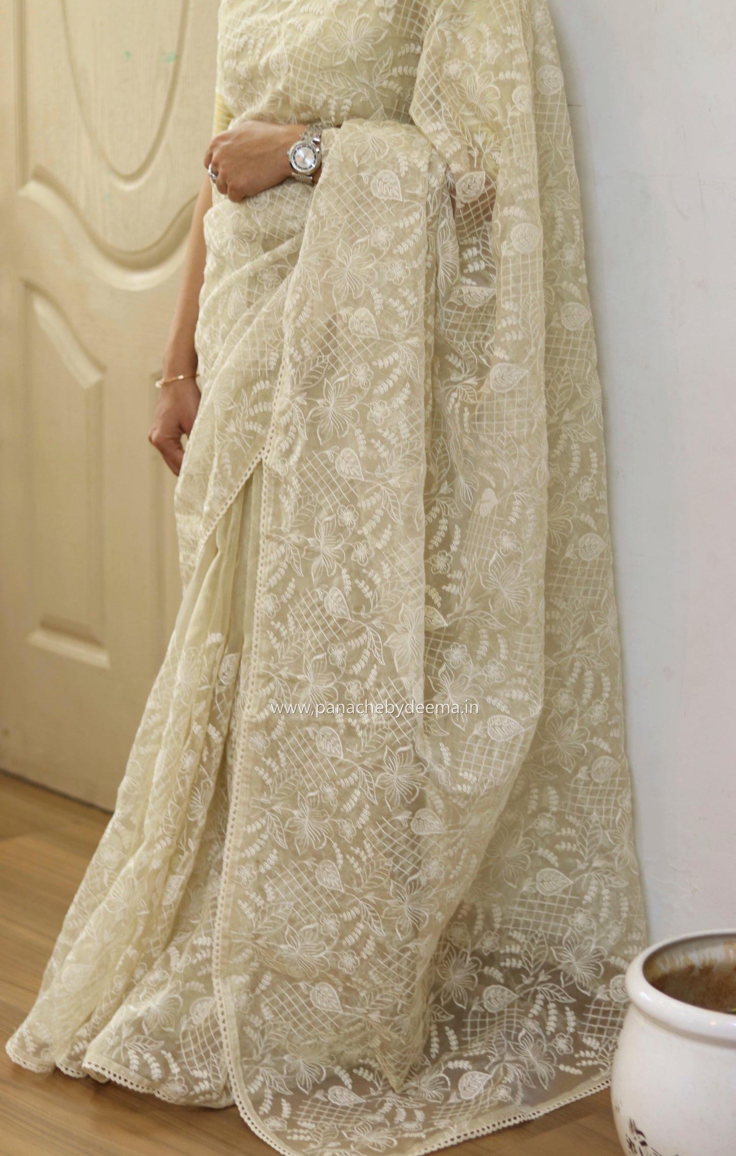 Glass tissue silk saree with full embroidery and crochet lace edges | Offwhite | S2