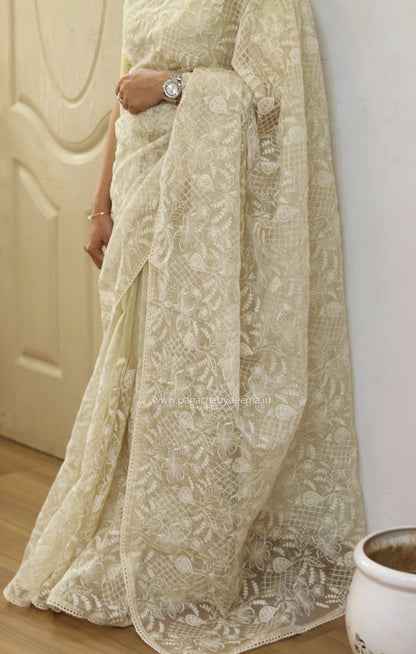 Glass tissue silk saree with full embroidery and crochet lace edges | Offwhite | S2