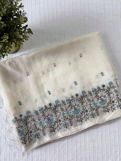 Semi chanderi tissue silk saree with  embroidery | Light cream with blue flowers | CHN3