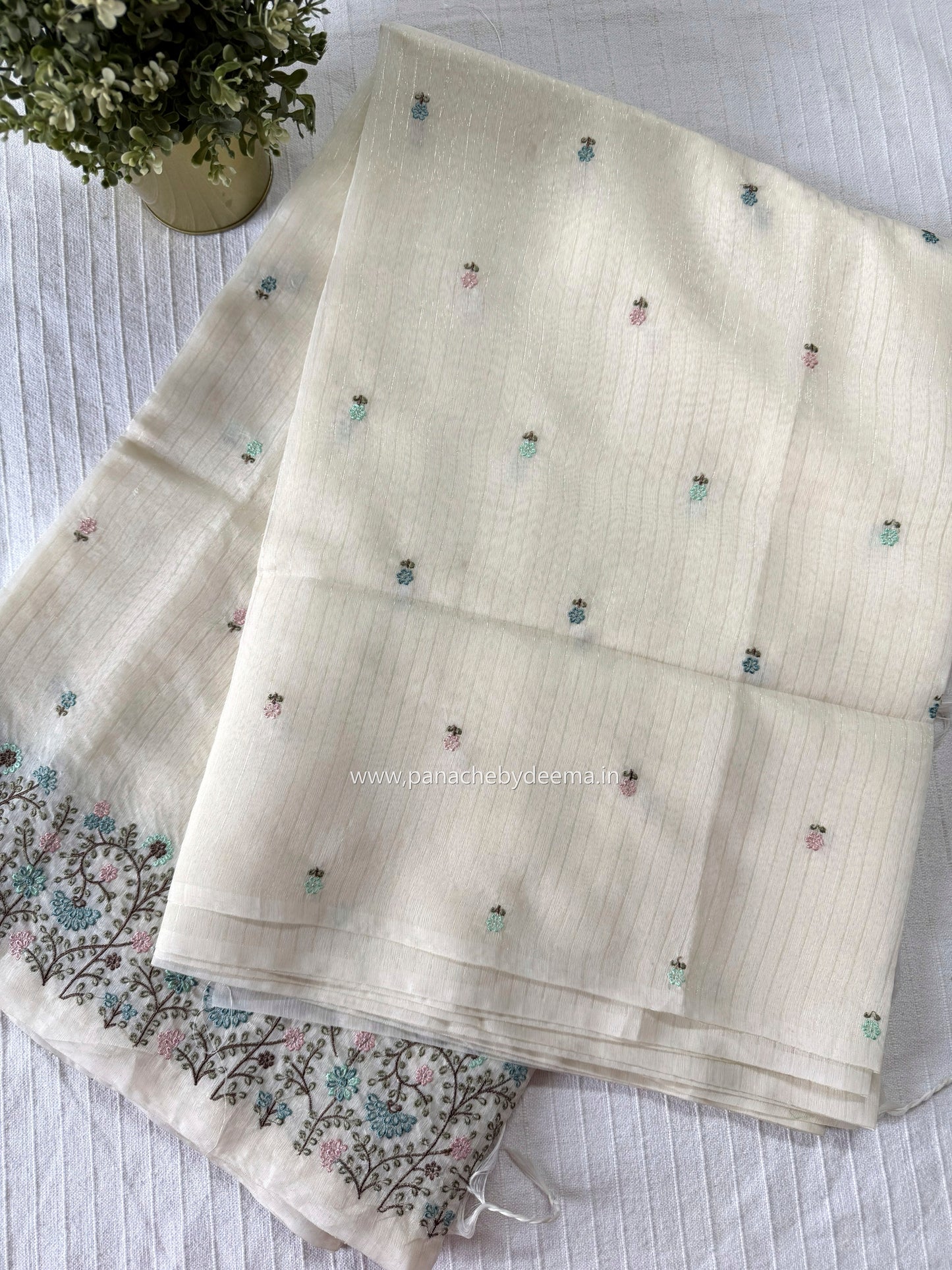 Semi chanderi tissue silk saree with  embroidery | Light cream with blue flowers | CHN3
