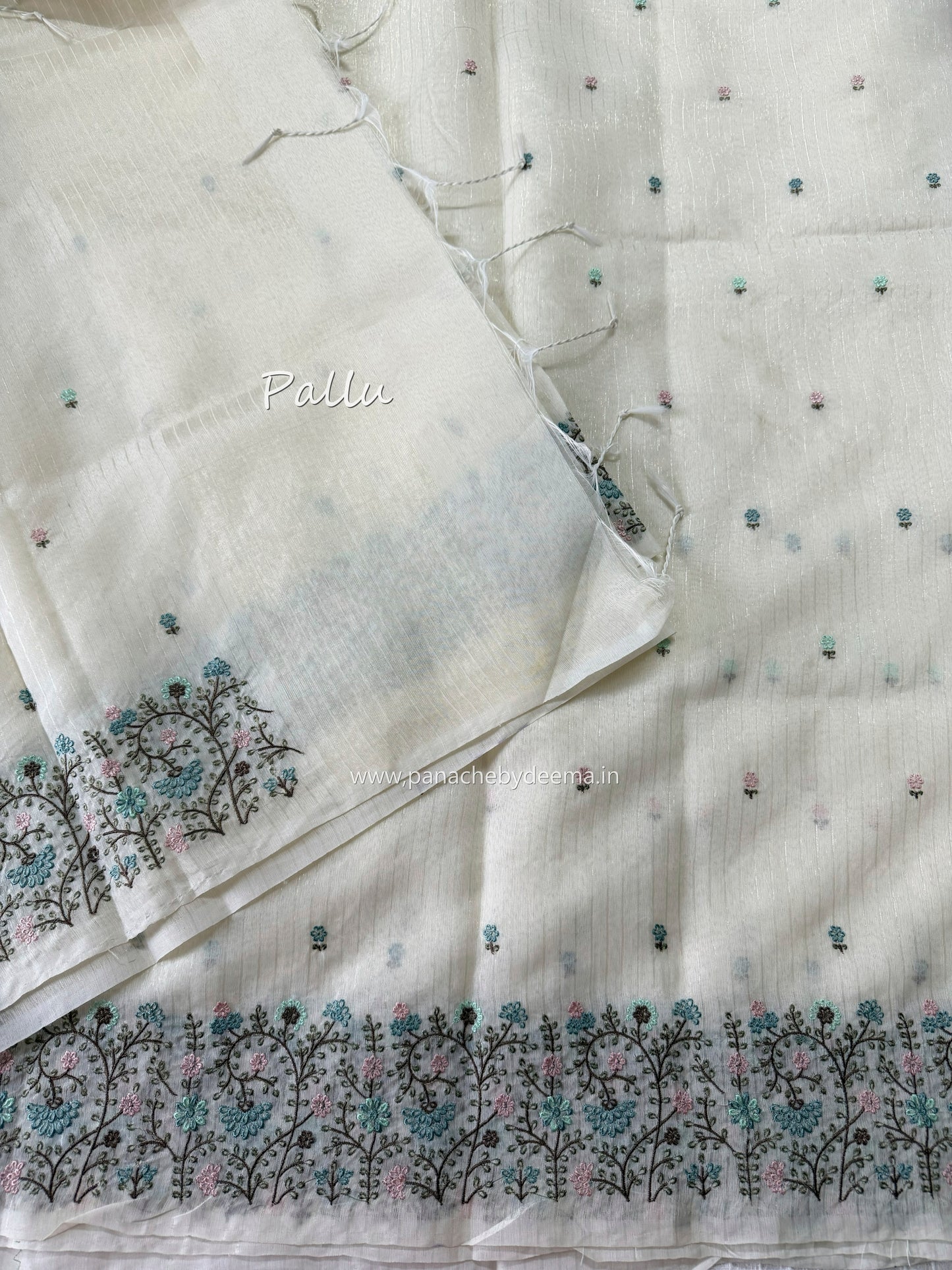 Semi chanderi tissue silk saree with  embroidery | Light cream with blue flowers | CHN3