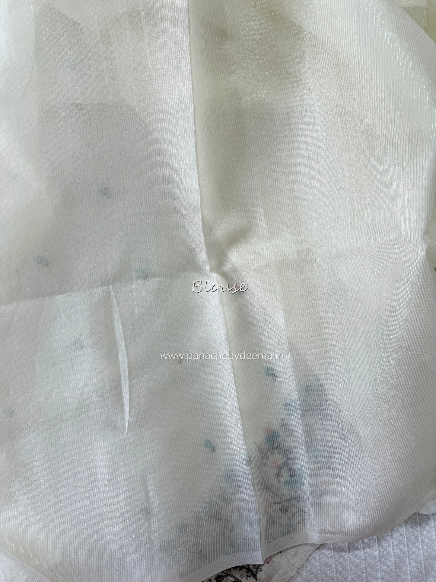Semi chanderi tissue silk saree with  embroidery | Light cream with blue flowers | CHN3