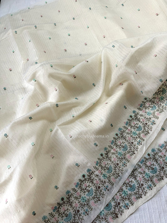 Semi chanderi tissue silk saree with  embroidery | Light cream with blue flowers | CHN3
