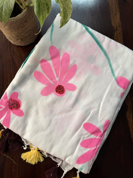 Mul cotton saree handpainted flowers  |white| K12
