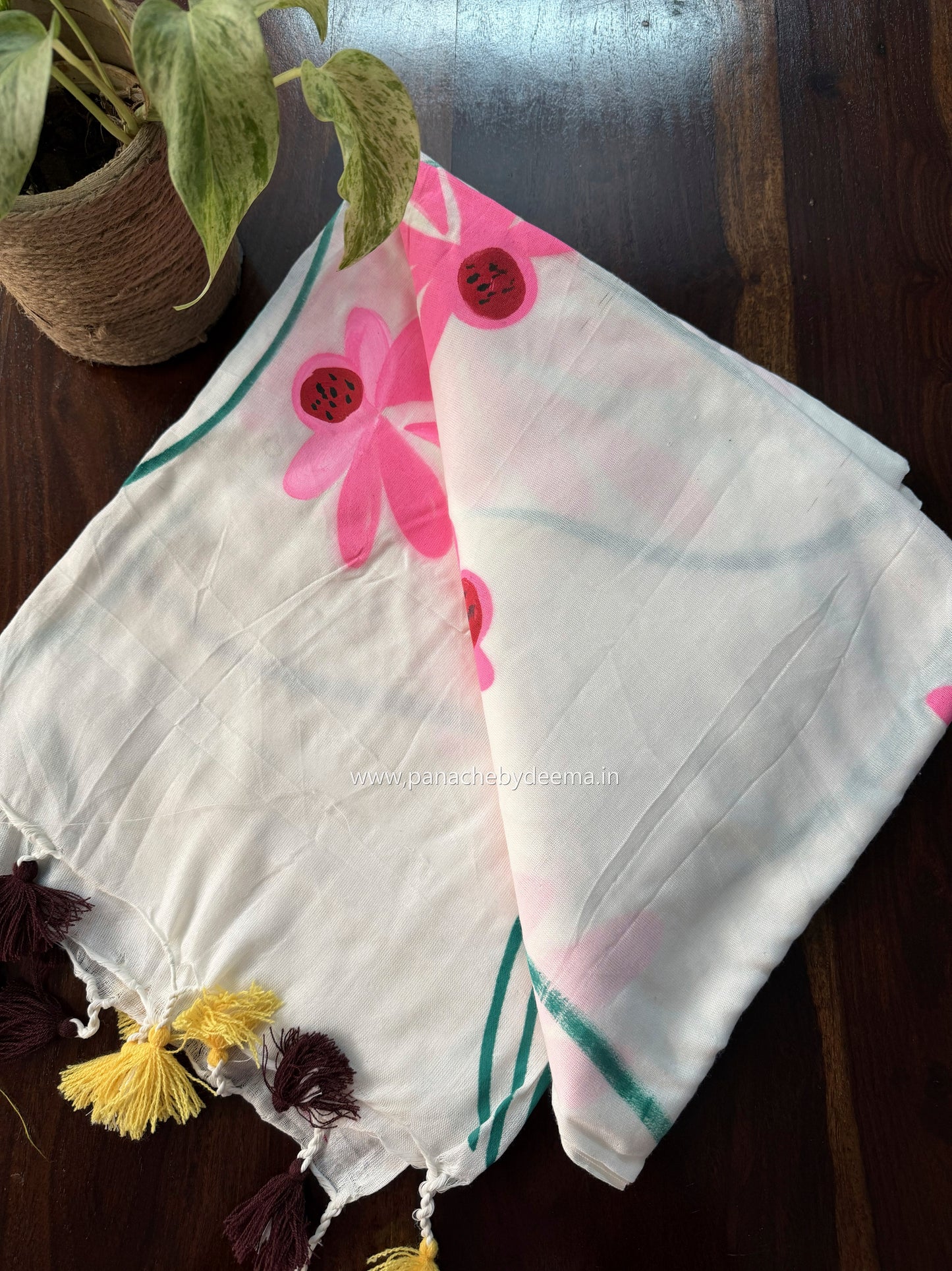 Mul cotton saree handpainted flowers  |white| K12