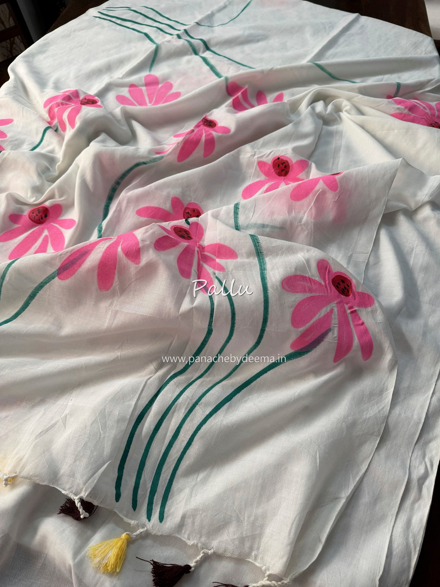 Mul cotton saree handpainted flowers  |white| K12