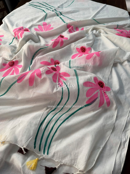 Mul cotton saree handpainted flowers  |white| K12