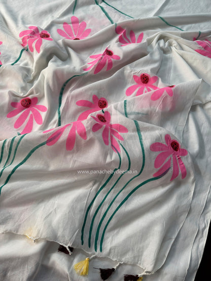 Mul cotton saree handpainted flowers  |white| K12